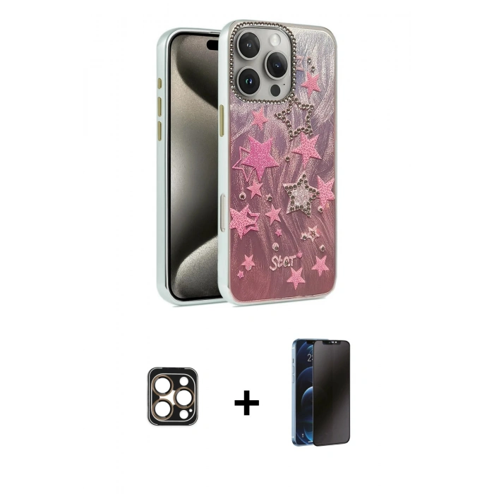MARSİLYAN™- iPhone 16 Pro Max Kılıf Zirve Modern Prime - Siyah 3D Antistatik Hayalet Cam Ekran Koruyucu + PVD Metal Kamera Lens - GD