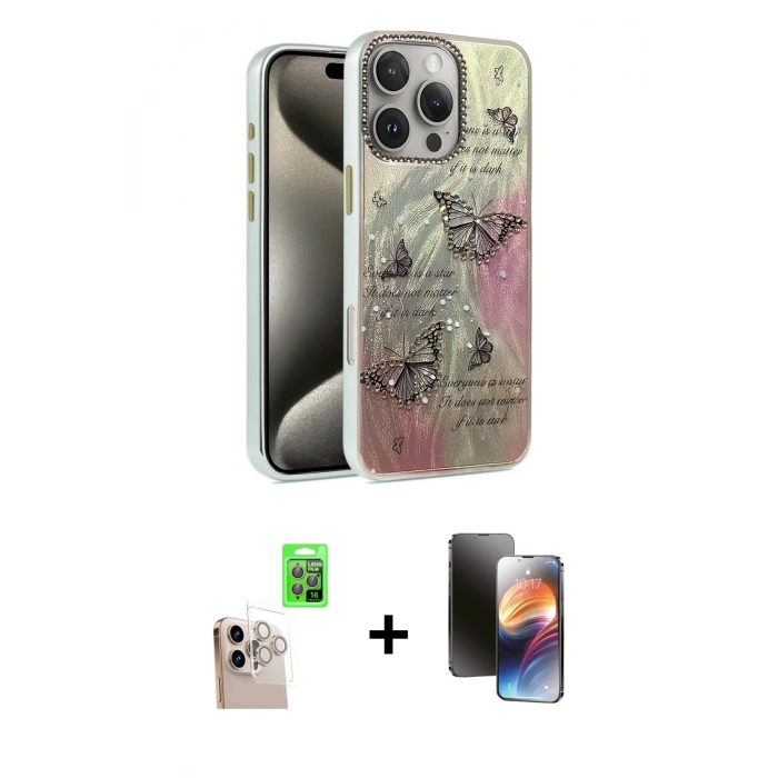 MARSİLYAN™- iPhone 16 Pro Max Kılıf Zirve Modern Prime - Siyah 3D Antistatik Mat Seramik Nano Ekran Koruyucu + Natural Grey Raze Metal Kamera Lens