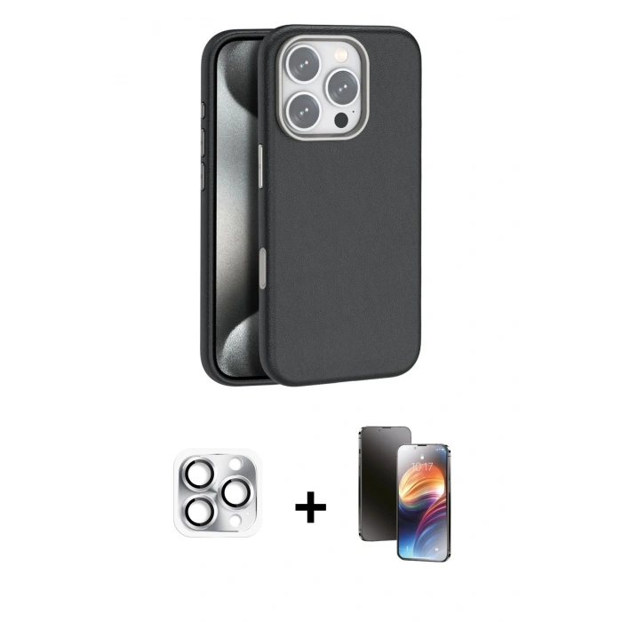 MARSİLYAN™- iPhone 16 Pro Max Kılıf Zirve Modern Prime - Siyah 3D Antistatik Mat Seramik Nano Ekran Koruyucu + Gümüş Pers Alüminyum Kamera Lens