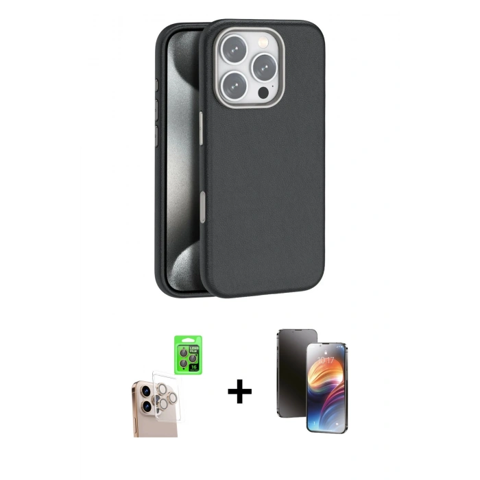 MARSİLYAN™- iPhone 16 Pro Max Kılıf Zirve Modern Prime - Siyah 3D Antistatik Mat Seramik Nano Ekran Koruyucu + Natural Grey Raze Metal Kamera Lens