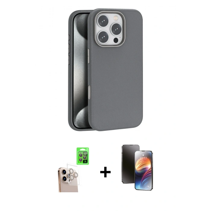 MARSİLYAN™- iPhone 16 Pro Max Kılıf Zirve Modern Prime - Siyah 3D Antistatik Mat Seramik Nano Ekran Koruyucu + Natural Grey Raze Metal Kamera Lens