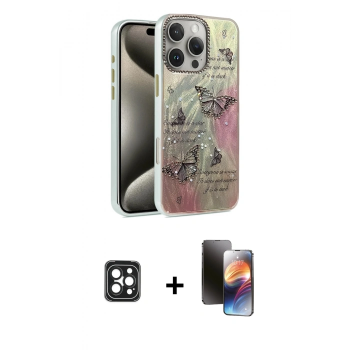 MARSİLYAN™- iPhone 16 Pro Max Kılıf Zirve Modern Prime - Siyah 3D Antistatik Mat Seramik Nano Ekran Koruyucu + PVD Metal Kamera Lens - SH