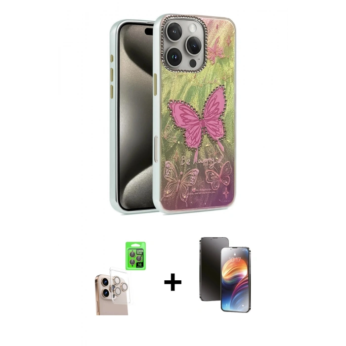 MARSİLYAN™- iPhone 16 Pro Max Kılıf Zirve Modern Prime - Siyah 3D Antistatik Mat Seramik Nano Ekran Koruyucu + Natural Grey Raze Metal Kamera Lens