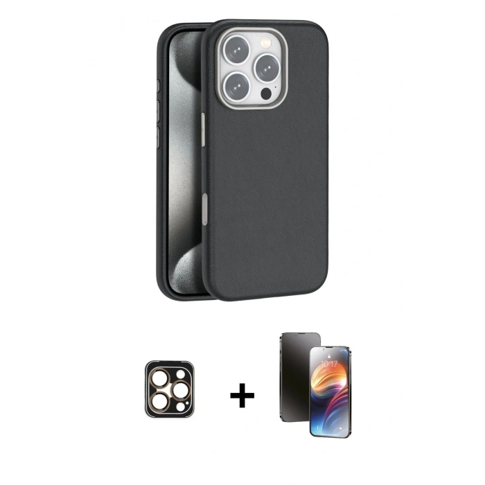 MARSİLYAN™- iPhone 16 Pro Max Kılıf Zirve Modern Prime - Siyah 3D Antistatik Mat Seramik Nano Ekran Koruyucu + PVD Metal Kamera Lens - GD
