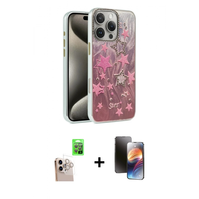 MARSİLYAN™- iPhone 16 Pro Max Kılıf Zirve Modern Prime - Siyah 3D Antistatik Mat Seramik Nano Ekran Koruyucu + Natural Grey Raze Metal Kamera Lens