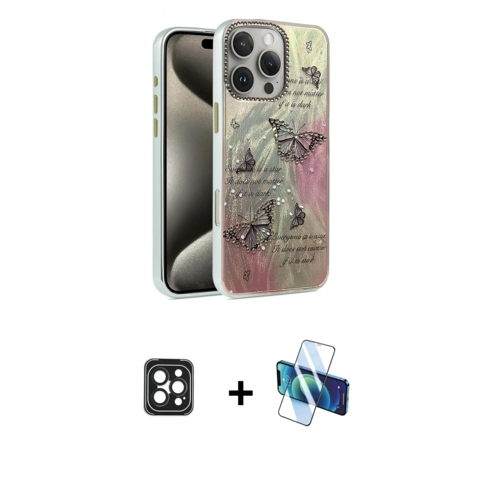 MARSİLYAN™- iPhone 16 Pro Max Kılıf Zirve Modern Prime - Siyah 3D Antistatik Seramik Nano Ekran Koruyucu + PVD Metal Kamera Lens - SH