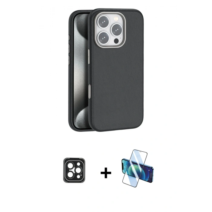 MARSİLYAN™- iPhone 16 Pro Max Kılıf Zirve Modern Prime - Siyah 3D Antistatik Seramik Nano Ekran Koruyucu + PVD Metal Kamera Lens - SH