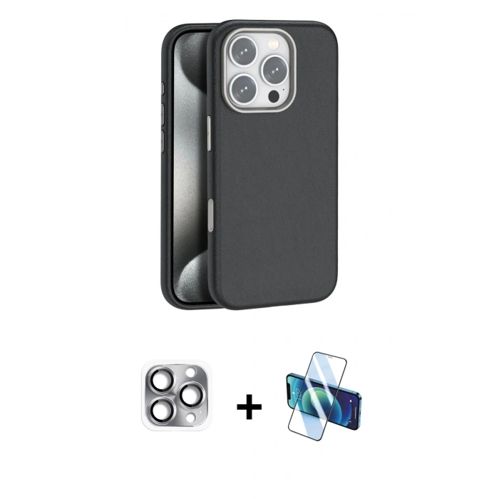MARSİLYAN™- iPhone 16 Pro Max Kılıf Zirve Modern Prime - Siyah 3D Antistatik Seramik Nano Ekran Koruyucu + Pers Alüminyum Kamera Lens - GI