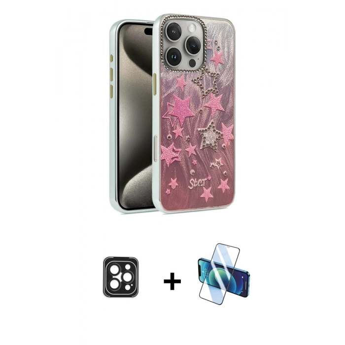 MARSİLYAN™- iPhone 16 Pro Max Kılıf Zirve Modern Prime - Siyah 3D Antistatik Seramik Nano Ekran Koruyucu + PVD Metal Kamera Lens - SH