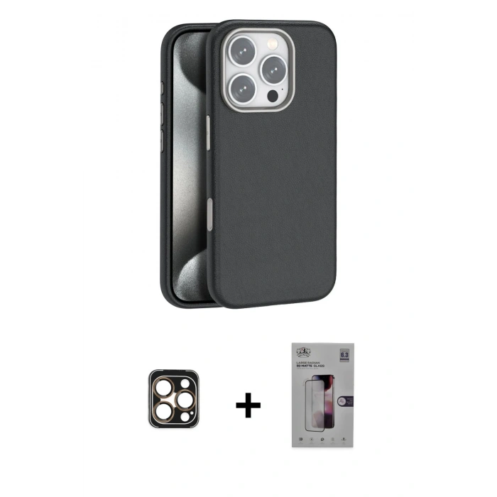 MARSİLYAN™- iPhone 16 Pro Max Kılıf Zirve Modern Prime - Siyah Bilvis 3D Mat Cam Ekran Koruyucu + PVD Metal Kamera Lens - GD