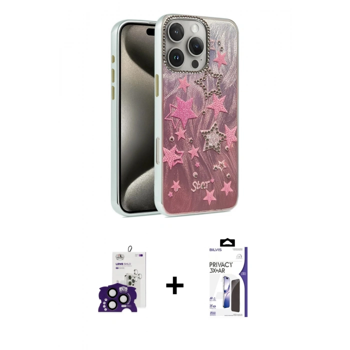 MARSİLYAN™- iPhone 16 Pro Max Kılıf Zirve Modern Prime - Siyah Bilvis 3X AR Hayalet Cam Ekran Koruyucu + Bilvis Titan Kamera Lens - SH