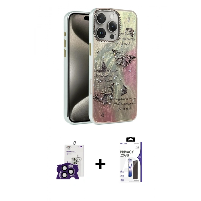 MARSİLYAN™- iPhone 16 Pro Max Kılıf Zirve Modern Prime - Siyah Bilvis 3X AR Hayalet Cam Ekran Koruyucu + Bilvis Titan Kamera Lens - SH
