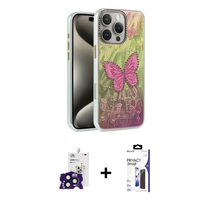 MARSİLYAN™- iPhone 16 Pro Max Kılıf Zirve Modern Prime - Siyah Bilvis 3X AR Hayalet Cam Ekran Koruyucu + Bilvis Titan Kamera Lens - SH