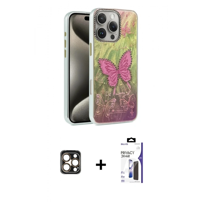 MARSİLYAN™- iPhone 16 Pro Max Kılıf Zirve Modern Prime - Siyah Bilvis 3X AR Hayalet Cam Ekran Koruyucu + PVD Metal Kamera Lens - GD