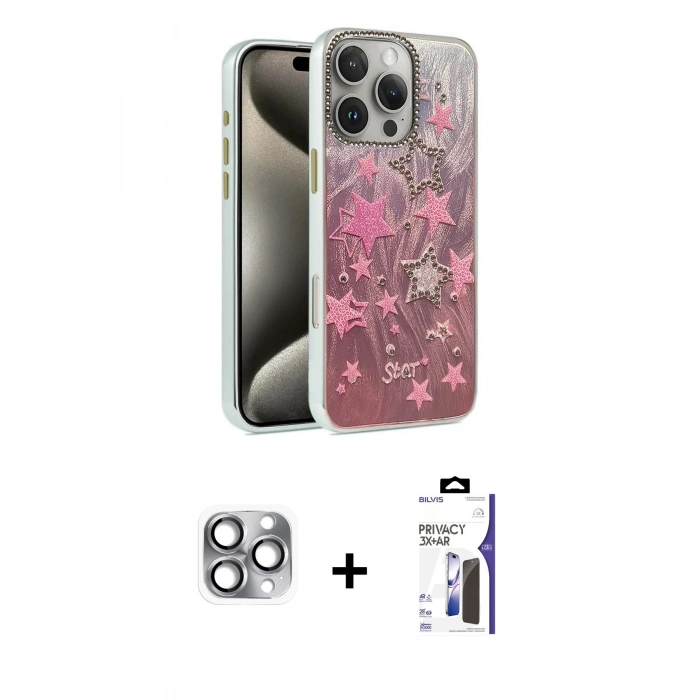 MARSİLYAN™- iPhone 16 Pro Max Kılıf Zirve Modern Prime - Siyah Bilvis 3X AR Hayalet Cam Ekran Koruyucu + Pers Alüminyum Kamera Lens - GI