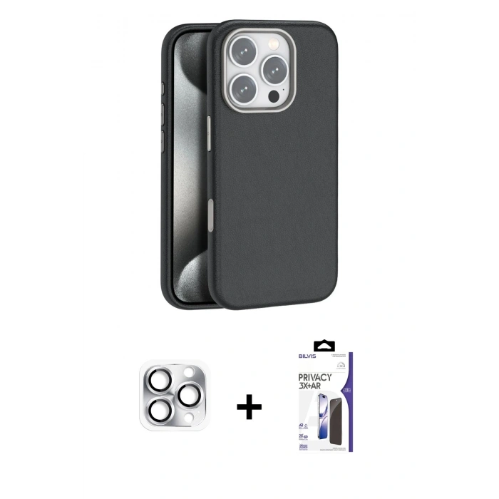 MARSİLYAN™- iPhone 16 Pro Max Kılıf Zirve Modern Prime - Siyah Bilvis 3X AR Hayalet Cam Ekran Koruyucu + Pers Alüminyum Kamera Lens - GS