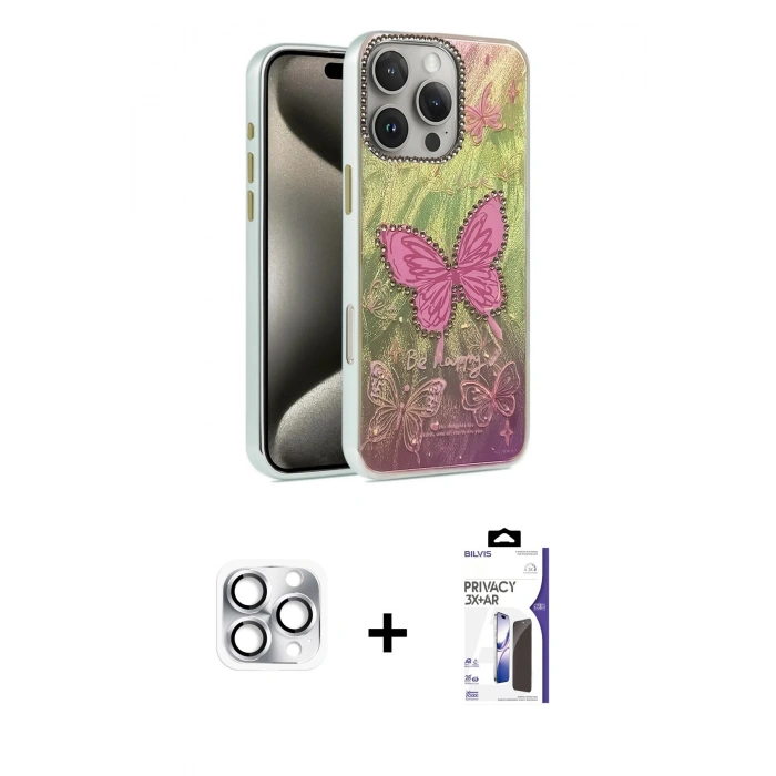 MARSİLYAN™- iPhone 16 Pro Max Kılıf Zirve Modern Prime - Siyah Bilvis 3X AR Hayalet Cam Ekran Koruyucu + Pers Alüminyum Kamera Lens - GS