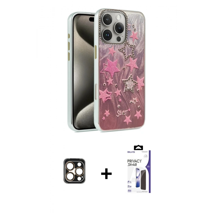 MARSİLYAN™- iPhone 16 Pro Max Kılıf Zirve Modern Prime - Siyah Bilvis 3X AR Hayalet Cam Ekran Koruyucu + PVD Metal Kamera Lens - GD