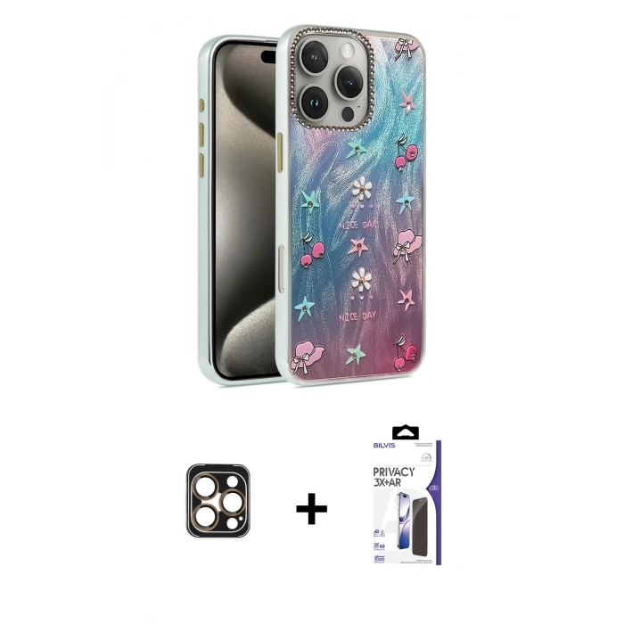 MARSİLYAN™- iPhone 16 Pro Max Kılıf Zirve Modern Prime - Siyah Bilvis 3X AR Hayalet Cam Ekran Koruyucu + PVD Metal Kamera Lens - GD