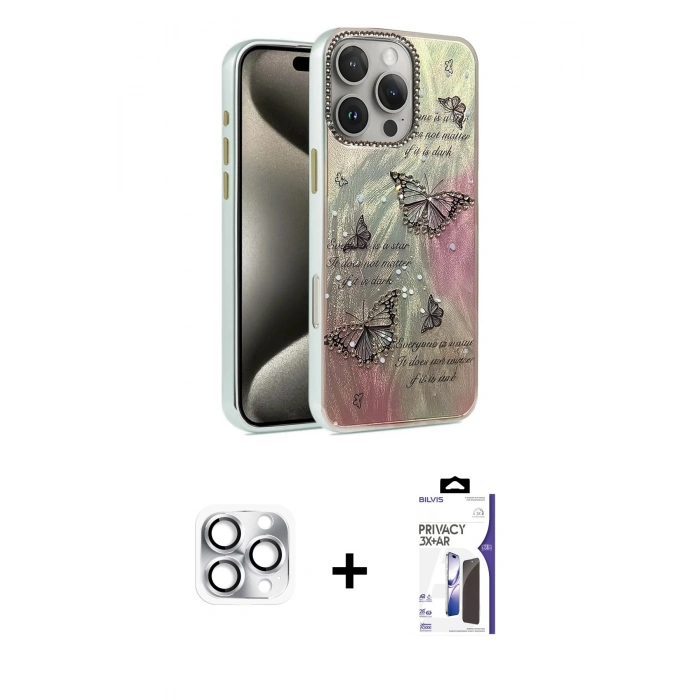 MARSİLYAN™- iPhone 16 Pro Max Kılıf Zirve Modern Prime - Siyah Bilvis 3X AR Hayalet Cam Ekran Koruyucu + Pers Alüminyum Kamera Lens - GS