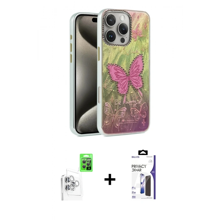 MARSİLYAN™- iPhone 16 Pro Max Kılıf Zirve Modern Prime - Siyah Bilvis 3X AR Hayalet Cam Ekran Koruyucu + Raze Metal Kamera Lens - BZ