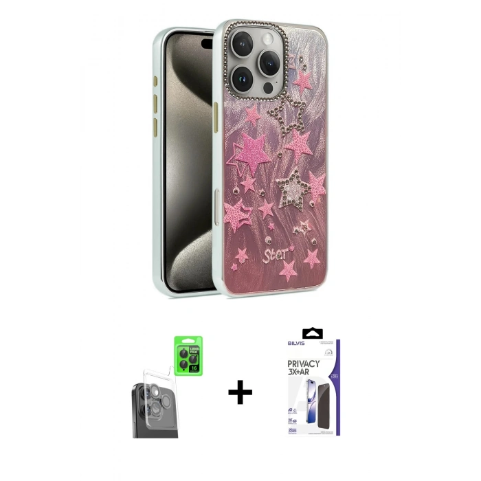 MARSİLYAN™- iPhone 16 Pro Max Kılıf Zirve Modern Prime - Siyah Bilvis 3X AR Hayalet Cam Ekran Koruyucu + Raze Metal Kamera Lens - SH