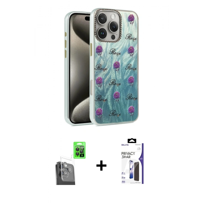 MARSİLYAN™- iPhone 16 Pro Max Kılıf Zirve Modern Prime - Siyah Bilvis 3X AR Hayalet Cam Ekran Koruyucu + Raze Metal Kamera Lens - SH