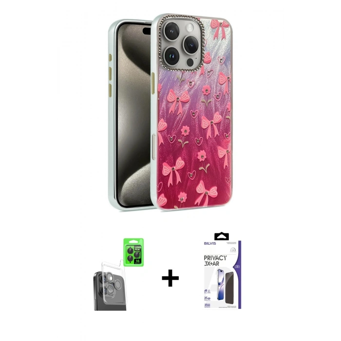 MARSİLYAN™- iPhone 16 Pro Max Kılıf Zirve Modern Prime - Siyah Bilvis 3X AR Hayalet Cam Ekran Koruyucu + Raze Metal Kamera Lens - SH