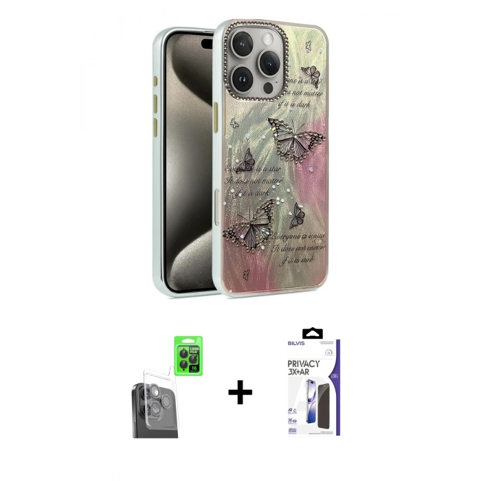 MARSİLYAN™- iPhone 16 Pro Max Kılıf Zirve Modern Prime - Siyah Bilvis 3X AR Hayalet Cam Ekran Koruyucu + Raze Metal Kamera Lens - SH
