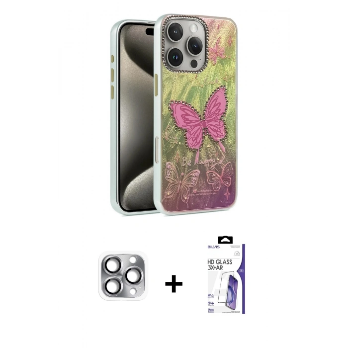 MARSİLYAN™- iPhone 16 Pro Max Kılıf Zirve Modern Prime - Siyah Bilvis 3X AR HD Cam Ekran Koruyucu + Pers Alüminyum Kamera Lens - GI