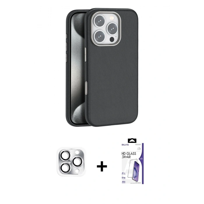 MARSİLYAN™- iPhone 16 Pro Max Kılıf Zirve Modern Prime - Siyah Bilvis 3X AR HD Cam Ekran Koruyucu + Pers Alüminyum Kamera Lens - GS