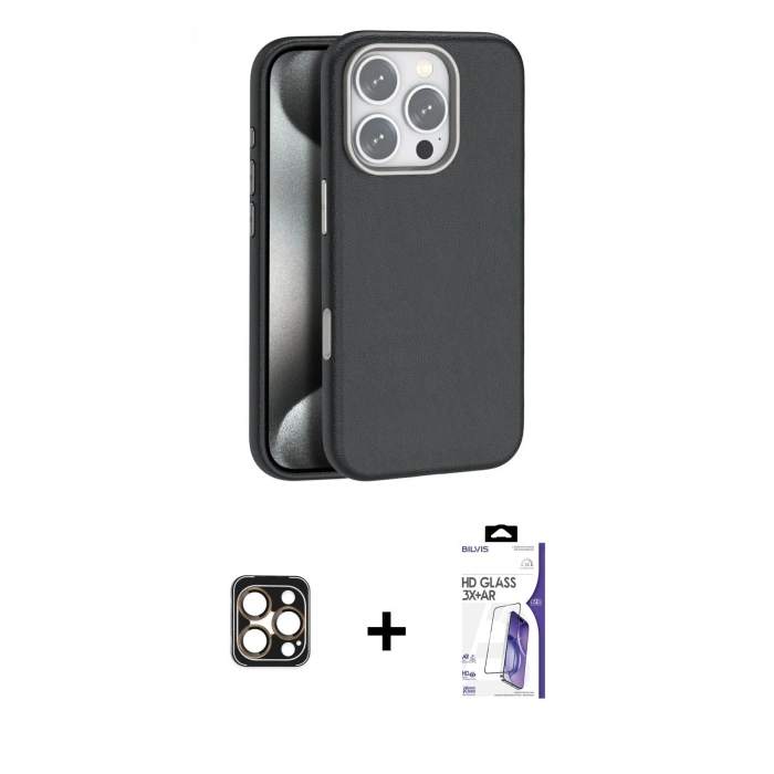 MARSİLYAN™- iPhone 16 Pro Max Kılıf Zirve Modern Prime - Siyah Bilvis 3X AR HD Cam Ekran Koruyucu + PVD Metal Kamera Lens - GD