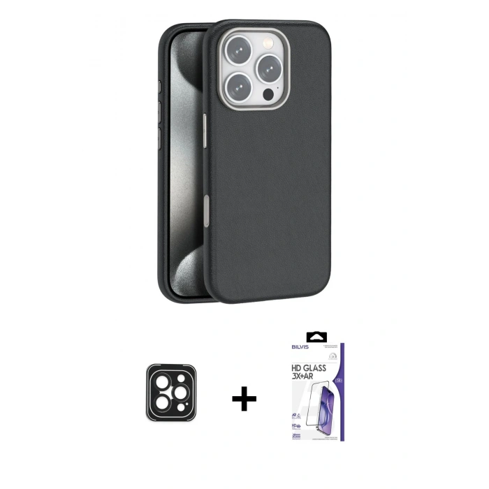 MARSİLYAN™- iPhone 16 Pro Max Kılıf Zirve Modern Prime - Siyah Bilvis 3X AR HD Cam Ekran Koruyucu + PVD Metal Kamera Lens - SH