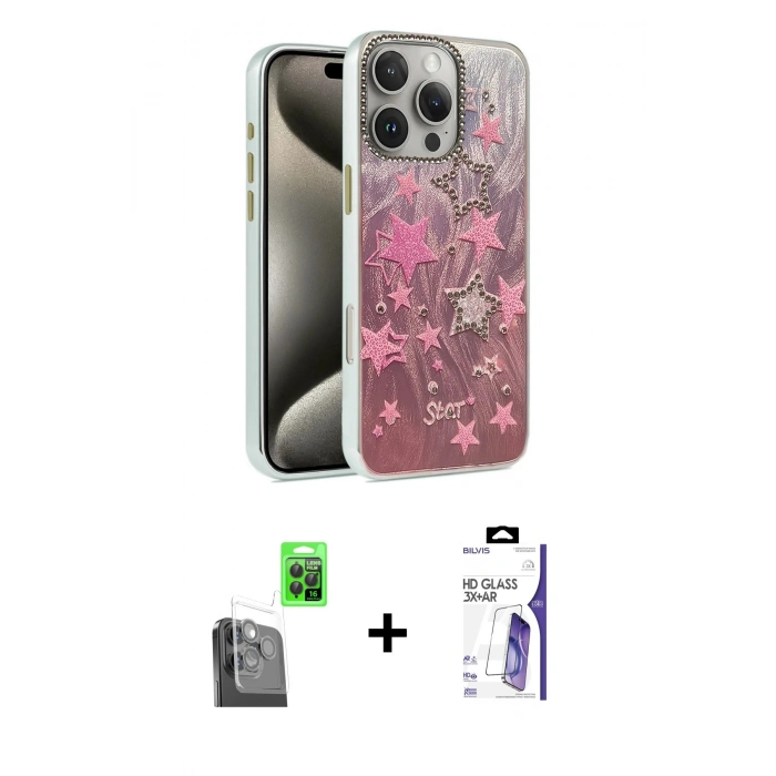 MARSİLYAN™- iPhone 16 Pro Max Kılıf Zirve Modern Prime - Siyah Bilvis 3X AR HD Cam Ekran Koruyucu + Raze Metal Kamera Lens - SH