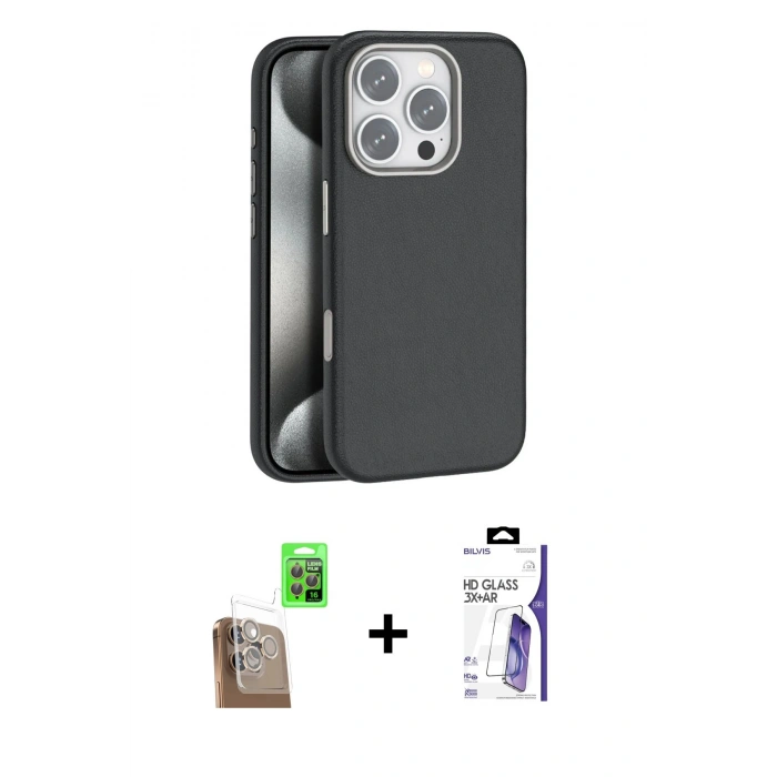 MARSİLYAN™- iPhone 16 Pro Max Kılıf Zirve Modern Prime - Siyah Bilvis 3X AR HD Cam Ekran Koruyucu + Raze Metal Kamera Lens - CLTM