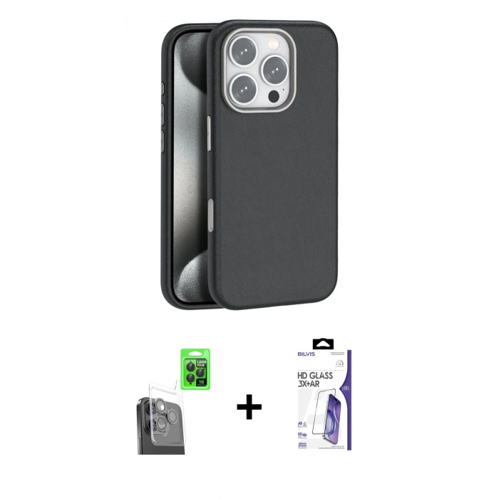 MARSİLYAN™- iPhone 16 Pro Max Kılıf Zirve Modern Prime - Siyah Bilvis 3X AR HD Cam Ekran Koruyucu + Raze Metal Kamera Lens - SH