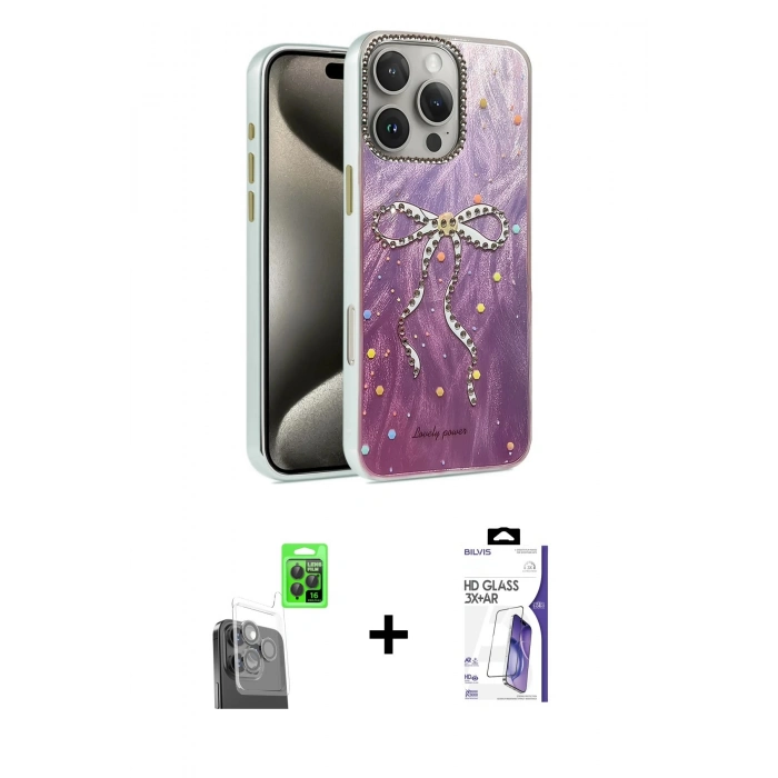 MARSİLYAN™- iPhone 16 Pro Max Kılıf Zirve Modern Prime - Siyah Bilvis 3X AR HD Cam Ekran Koruyucu + Raze Metal Kamera Lens - SH