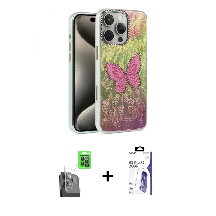 MARSİLYAN™- iPhone 16 Pro Max Kılıf Zirve Modern Prime - Siyah Bilvis 3X AR HD Cam Ekran Koruyucu + Raze Metal Kamera Lens - SH