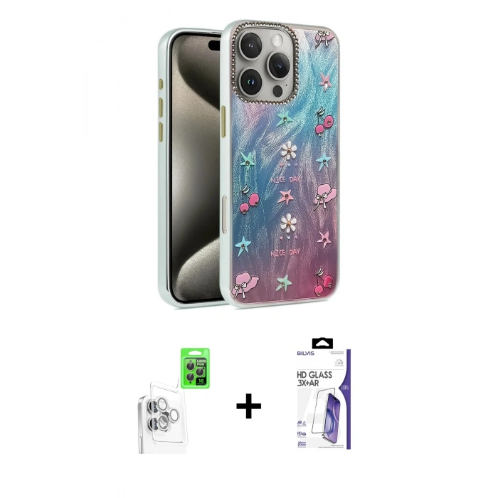 MARSİLYAN™- iPhone 16 Pro Max Kılıf Zirve Modern Prime - Siyah Bilvis 3X AR HD Cam Ekran Koruyucu + Raze Metal Kamera Lens - BZ