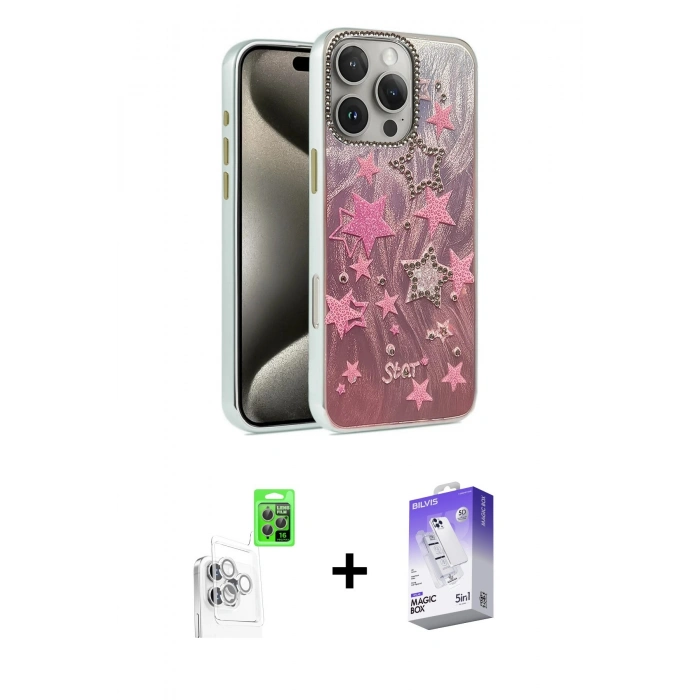 MARSİLYAN™- iPhone 16 Pro Max Kılıf Zirve Modern Prime - Siyah Bilvis 5in1 3D Magic Cam Ekran Koruyucu + Raze Metal Kamera Lens - BZ