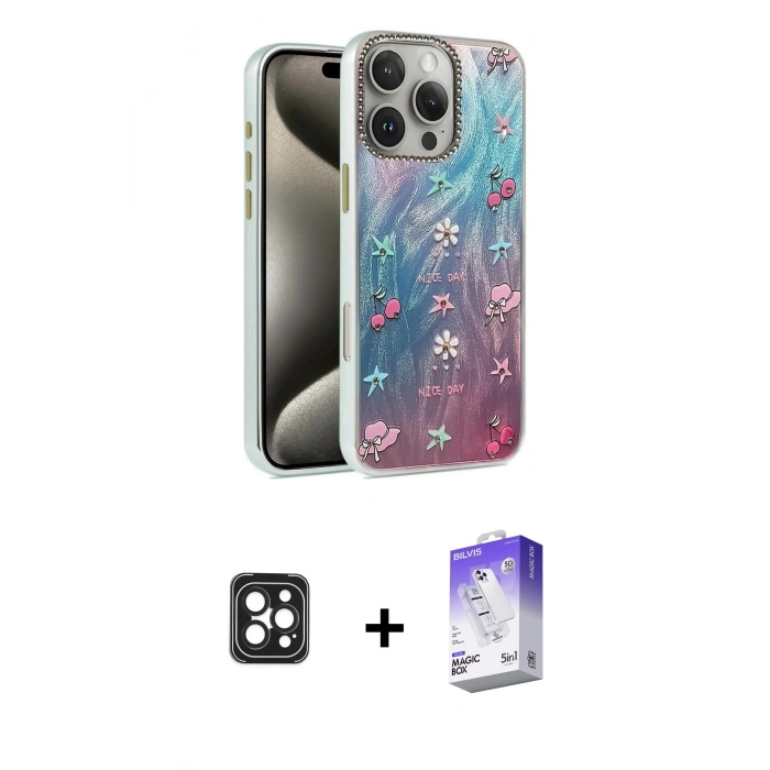MARSİLYAN™- iPhone 16 Pro Max Kılıf Zirve Modern Prime - Siyah Bilvis 5in1 3D Magic Cam Ekran Koruyucu + PVD Metal Kamera Lens - SH