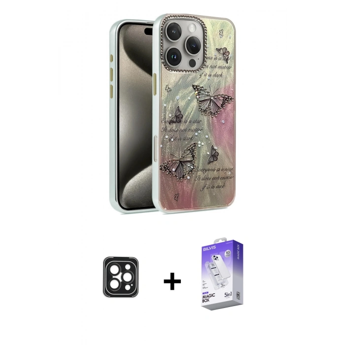 MARSİLYAN™- iPhone 16 Pro Max Kılıf Zirve Modern Prime - Siyah Bilvis 5in1 3D Magic Cam Ekran Koruyucu + PVD Metal Kamera Lens - SH