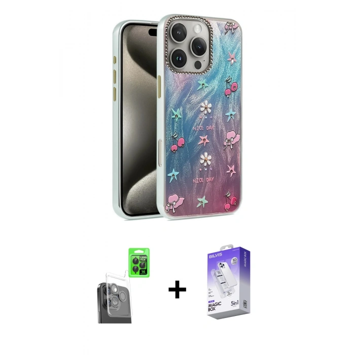 MARSİLYAN™- iPhone 16 Pro Max Kılıf Zirve Modern Prime - Siyah Bilvis 5in1 3D Magic Cam Ekran Koruyucu + Raze Metal Kamera Lens - SH