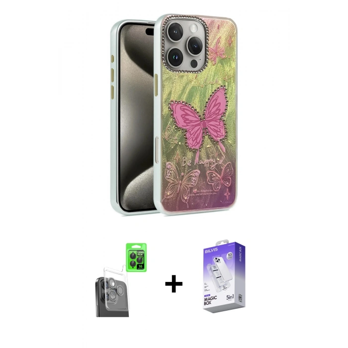 MARSİLYAN™- iPhone 16 Pro Max Kılıf Zirve Modern Prime - Siyah Bilvis 5in1 3D Magic Cam Ekran Koruyucu + Raze Metal Kamera Lens - SH