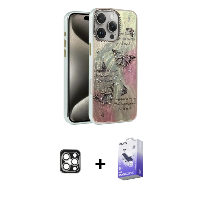 MARSİLYAN™- iPhone 16 Pro Max Kılıf Zirve Modern Prime - Siyah Bilvis 5in1 5D Magic Hayalet Cam Ekran Koruyucu + PVD Metal Kamera Lens - GS