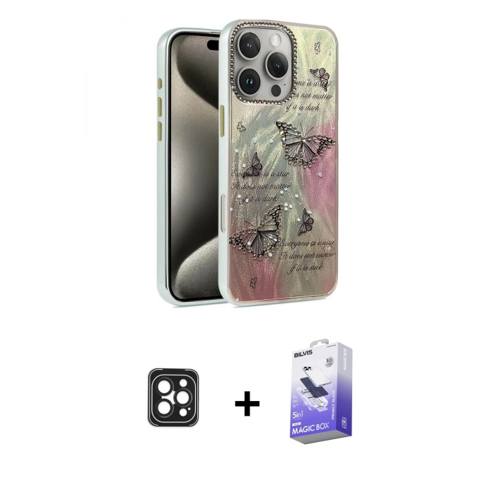 MARSİLYAN™- iPhone 16 Pro Max Kılıf Zirve Modern Prime - Siyah Bilvis 5in1 5D Magic Hayalet Cam Ekran Koruyucu + PVD Metal Kamera Lens - SH