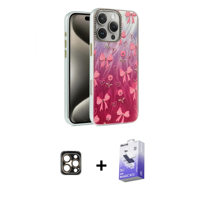 MARSİLYAN™- iPhone 16 Pro Max Kılıf Zirve Modern Prime - Siyah Bilvis 5in1 5D Magic Hayalet Cam Ekran Koruyucu + Gold PVD Metal Kamera Lens