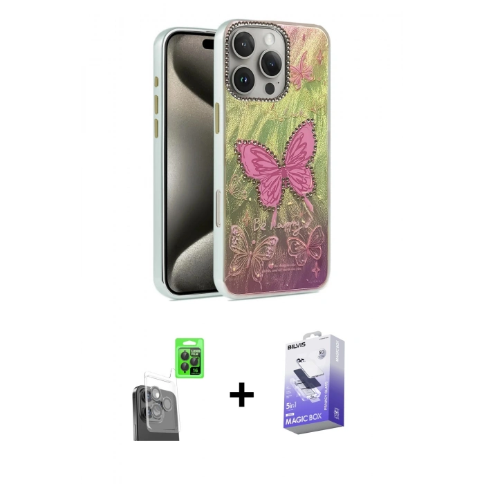 MARSİLYAN™- iPhone 16 Pro Max Kılıf Zirve Modern Prime - Siyah Bilvis 5in1 5D Magic Hayalet Cam Ekran Koruyucu + Raze Metal Kamera Lens - SH