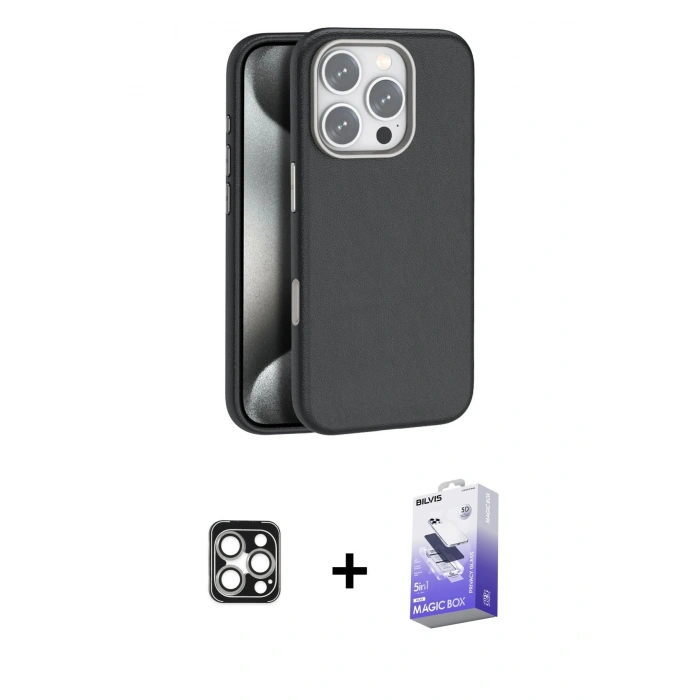MARSİLYAN™- iPhone 16 Pro Max Kılıf Zirve Modern Prime - Siyah Bilvis 5in1 5D Magic Hayalet Cam Ekran Koruyucu + PVD Metal Kamera Lens - GS
