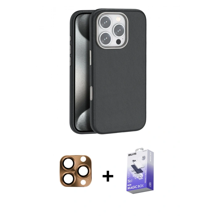 MARSİLYAN™- iPhone 16 Pro Max Kılıf Zirve Modern Prime - Siyah Bilvis 5in1 5D Magic Hayalet Cam Ekran Koruyucu + Pers Alüminyum Kamera Lens - CLTM
